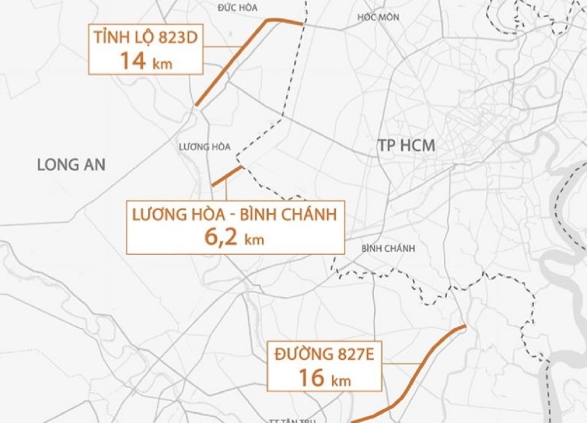 Sơ đồ đường tỉnh 823D nối Long An - TP-HCM dài hơn 14km